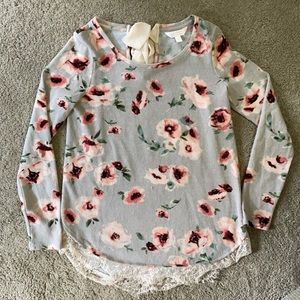 Lauren Conrad floral sweater, lace hem, size XS